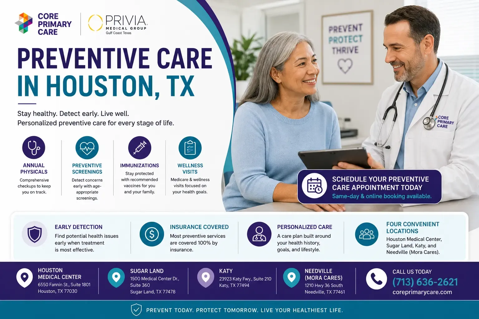 patiient having preventive health care screening checkup with Primary care doctor houston
